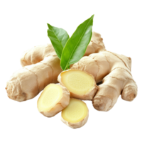 Fresh ginger root with green leaves isolated on a transparent background for culinary and health applications, Fresh Ginger with leaves Isolated on transparent background png
