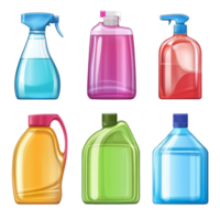 Collection of colorful liquid cleaning containers arranged on a transparent background for household cleaning solutions, liquid clean container on transparent background png