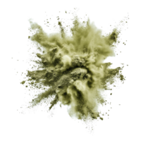 Olive green powder explosion captured against a transparent background creating an artistic and dynamic visual effect, olive green color powder pulver explosion isolated on transparent background png