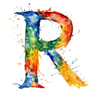 Colorful watercolor letter R displayed artistically on a transparent background for creative word formation and artistic expression, consonant letter r is used to make words on transparent backgroundfile png
