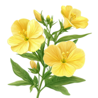 Evening primrose flowers in vibrant yellow with green leaves isolated on a transparent background, evening primrose flowers isolated on transparent background png