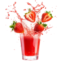 Refreshing strawberry juice splashes with ripe strawberries in a glass on a bright background, Strawberry juice splashing with its fruits isolated png
