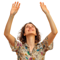 A joyful woman raises her hands in gratitude while celebrating life in a bright and airy setting, woman reverently raises her hands up rejoicing, file of isolated object on transparent background png