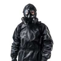 A man in a black protective suit and gas mask stands isolated against a transparent background, ready for hazardous situations, man with gas mask and black protection suit isolated on transparent background png