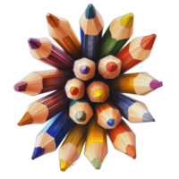 A vibrant arrangement of colored pencils radiates from a central point on a transparent background, showcasing artistic creativity and color diversity, Colored pencil on transparent background png
