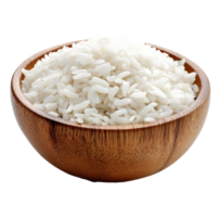 Freshly cooked transparent rice in a rustic wooden bowl on a clean transparent background, transparent rice in wood bowl isolated on transparent background png