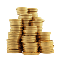 Stacks of shiny gold coins piled high on a transparent background showcasing a wealth of prosperity, 3D Cartoon Stacks of Gold Coins On transparent background png