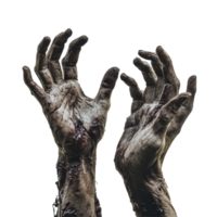 Zombie hands reaching out against a stark transparent background, conveying a haunting and eerie atmosphere, Zombies hands on transparent background png