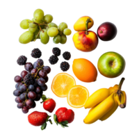 A vibrant assortment of assorted fruits beautifully arranged on a light background, Different kind of fruits png