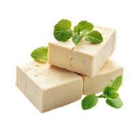 Fresh tofu blocks with mint leaves isolated on a clean transparent background, tofu soy and mint isolated on transparent background png