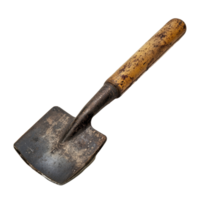Old trowel with wooden handle isolated on a transparent background showcasing wear and tear over time, old trowel isolated on transparent backgroundfile png