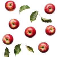 Fresh red apples and green leaves arranged on a transparent background for a vibrant display, apples on transparent background png
