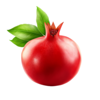 A vibrant red pomegranate sits surrounded by lush green leaves on a transparent backdrop, Pomegranate with leaves isolated on transparent background png