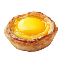 Delicious egg tart resting on a clear surface showcasing its golden filling and flaky crust, Pear isolated on trransparent png