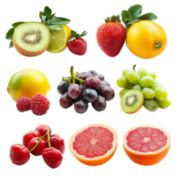 A colorful assortment of fresh fruits featuring strawberries, grapes, and citrus arranged on a transparent background, Various type of fruits isolated png