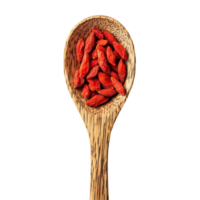 Goji berries in a wooden spoon resting on a clean transparent background for a healthy lifestyle concept, goji berries in wood spoon on transparent background png