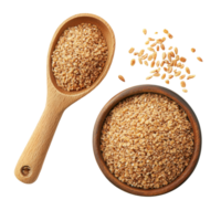 Wheat germ in a wooden bowl and scoop placed on transparent surface, showcasing healthy food options for nutrition, Wheat germ in a bowl and scoop on transparent background png