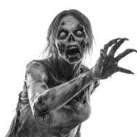 Female zombie with clawed hands reaching out against a plain transparent background in a haunting display, Female Zombie Reaching Out with Claws on transparent background png