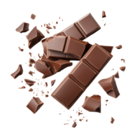 Realistic chocolate bar pieces scattered on a clean transparent background in a delightful arrangement, Realistic chocolate bar pieces on transparent background. Chocolate transparent background png