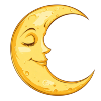 A cheerful cartoon crescent moon with a smiling face on a bright transparent background in a whimsical design style, Cartoon Crescent Moon with Face on transparent background png