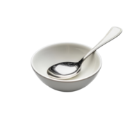 Simple transparent bowl with a metal spoon resting atop it against a clean transparent background, bowl spoon on transparent background png