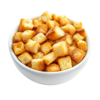 Crispy croutons in a transparent bowl isolated on a clean transparent background for culinary presentations or recipes, Crispy croutons in bowl isolated on transparent background Stock Photo png