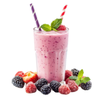 Refreshing mixed berries yogurt drink in a glass with vibrant straws and fresh fruit on a transparent background, Mixed berries yogurt drink isolated png