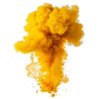 Dynamic yellow paint splash explosion creating a vibrant smoke cloud in a creative art setting, yellow paint splash explosion smoke cloud isolated on transparent background png