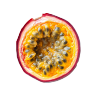 Fresh half passion fruit showcasing vibrant yellow pulp and seeds on a clean transparent background for culinary use, half passion fruit on transparent background png