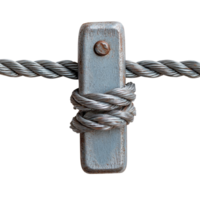 Detailed view of a wire rope locking mechanism secured with a password cable against a plain transparent background, Wire rope locking password cable on transparent backgroundfile png