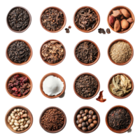 Variety of tea seeds arranged in small bowls on a transparent background for culinary exploration and herbal knowledge, tea seeds on transparent background png