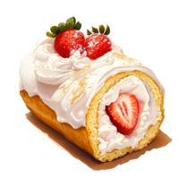 Delicious meringue roll filled with fresh cream and strawberries on a light background, Slice of meringue roll with cream and strawberry png