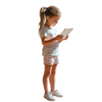 Young girl engaged with a tablet in a bright, isolated setting during the day in casual clothing, kid girl using tablet, file of isolated object with shadow on transparent background png