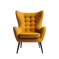 A stylish yellow armchair with tufted upholstery is positioned towards the camera in a bright, minimalist setting, bringing warmth and comfort, Cozy Armchair facing the camera on a transparent background png
