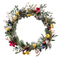 Elegant Christmas wreath adorned with fir branches and vibrant flowers arranged on a soft transparent background, Christmas wreath with fir branches and flowers on transparent background png