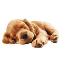 A happy English Cocker Spaniel puppy peacefully sleeping on a soft surface in a welllit space, Happy English Cocker Spaniel Puppy Dog sleeping Isolated On transparent background png