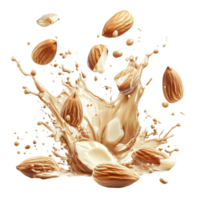 A dynamic splash of almonds creates a striking visual against a clean transparent background showcasing movement, Group of almonds splashing over transparent background png