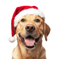 Happy Labrador Retriever in a festive Christmas hat, showcasing holiday spirit indoors during winter season, Happy Labrador Retriever Wearing a Christmas Hat Isolated on transparent background png