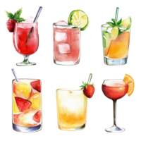 Refreshing watercolor summer drinks collection with vibrant flavors on a clean transparent background, Four summer drinks on transparent background png