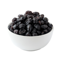 Black raisins piled high in a transparent bowl set against a clean transparent background, Black raisin on transparent bowl isolated on transparent background png