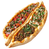 Delicious Turkish pide with assorted fillings served on a transparent background, Isolated turkish pizza pide with assorted filling png