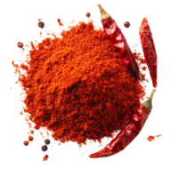Bright red chili powder with dried chilies scattered on a transparent background, emphasizing vibrant color and texture, red chili powder isolated on transparent background png