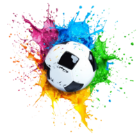 A soccer ball splashes into a vibrant pool of colorful paint in an eyecatching display of creativity, soccer ball splashing into color paintisolated on transparent background png