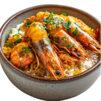 Bowl of aromatic curry rice topped with succulent langoustines and fresh herbs served in a rustic setting, Isolated bowl of curry rice with langoustines png