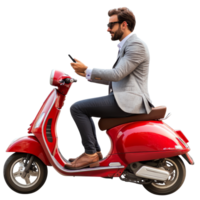Businessman in a suit using a smartphone while riding a stylish red scooter on a sunny day, file no background Businessman riding a scooter and using his smartphone png