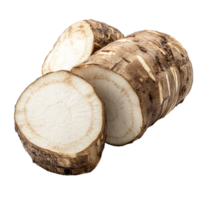 Slices of fresh taro root arranged on a clean transparent background showcasing its texture and appearance, slice taro root on transparent background png