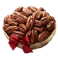 Freshly harvested pecans in a woven basket with a red ribbon on a clean transparent background, Fresh pecans in a bow lon a transparent background png