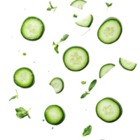 Freshly cut green cucumber slices arranged on a clean transparent background with scattered mint leaves enhancing the presentation, cut green cucumber on transparent background png