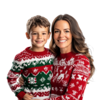 Mother and son in matching Christmas sweaters celebrate the festive season with joy against a transparent background, Mother and Son in Christmas Sweaters On transparent background png