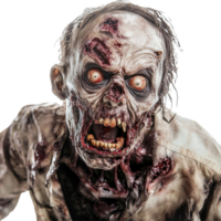 Scary zombie figure with grotesque features on a clean transparent background, ideal for Halloween or horror themes, Scary Zombie isolated on transparent background png